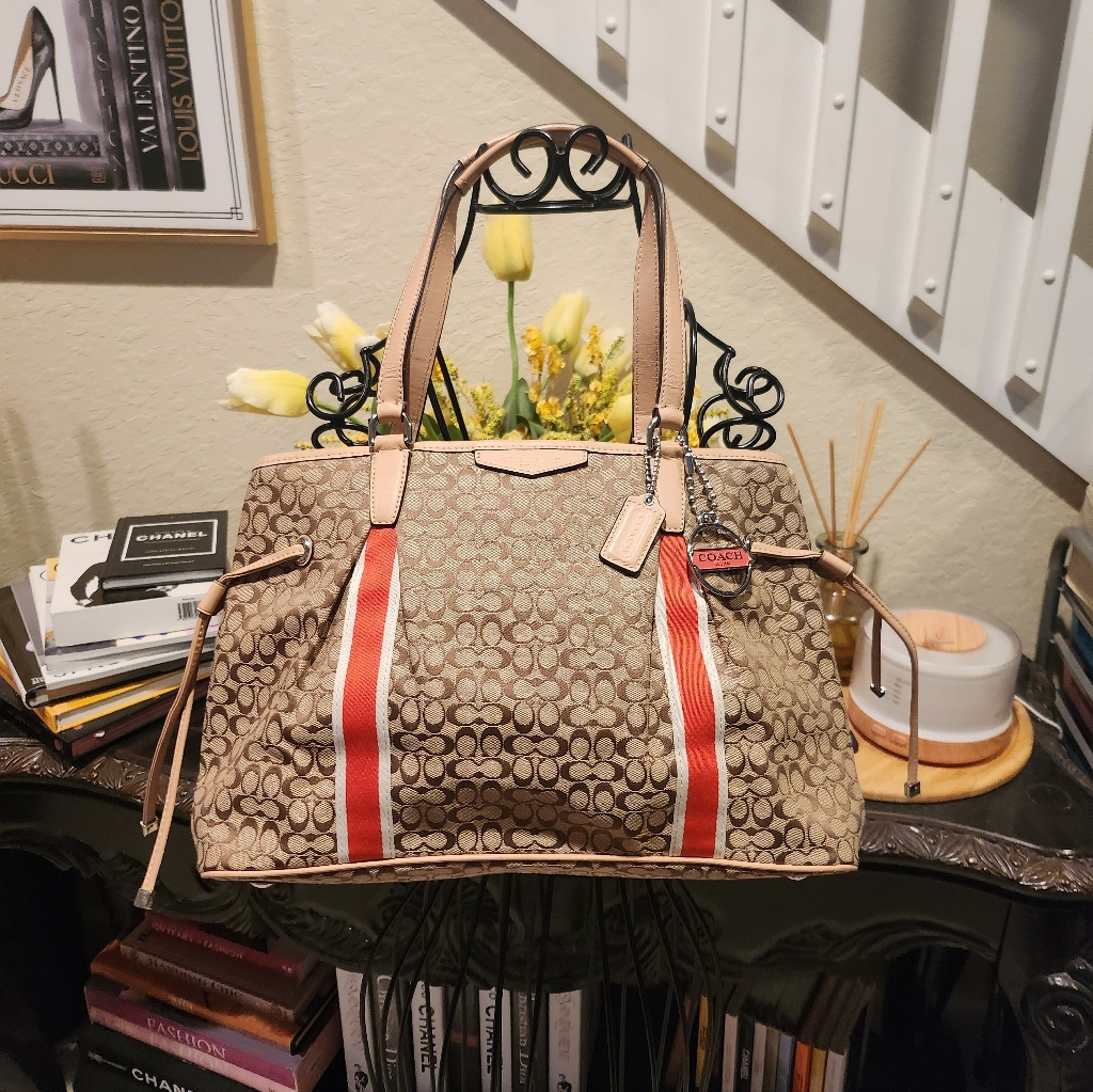 Coach Devin Signature Khaki Orange Stripe Shoulder Bag Nwot